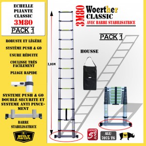 ECHELLE COULISSANTE 3M80 CLASSIC AVEC  BARRE STABILISATRICE + HOUSSE