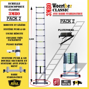 ECHELLE COULISSANTE 3M80 CLASSIC AVEC BARRE STABILISATRICE, AVEC PLATEFORME