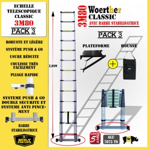 ECHELLE COULISSANTE 3M80 CLASSIC AVEC BARRE DE STABILISATION, AVEC HOUSSE ET PLATEFORME