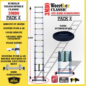 ECHELLE COULISSANTE 3M80 CLASSIC AVEC BARRE DE STABILISATION, AVEC TAPIS