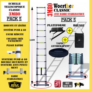 ECHELLE COULISSANTE 3M80 CLASSIC AVEC BARRE DE STABILISATION, AVEC PLATEFORME, HOUSSE ET TAPIS