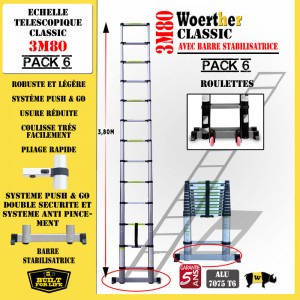 ECHELLE COULISSANTE 3M80 CLASSIC AVEC BARRE DE STABILISATION, AVEC ROULETTES