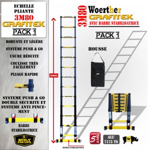 ECHELLE COULISSANTE 3M80 PRO GRAFITEK AVEC BARRE STABILISATRICE, AVEC HOUSSE