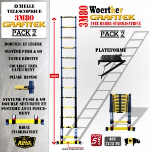 ECHELLE COULISSANTE 3M80 PRO GRAFITEK AVEC BARRE DE STABILISATION, AVEC PLATEFORME