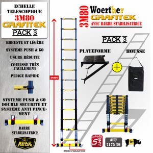 ECHELLE COULISSANTE 3M80 GRAFITEK AVEC SA BARRE STABILISATRICE, AVEC PLATEFORME ET HOUSSE