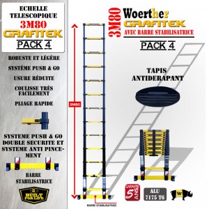 ECHELLE COULISSANTE 3M80 GRAFITEK AVEC SA BARRE STABILISATRICE, AVEC TAPIS