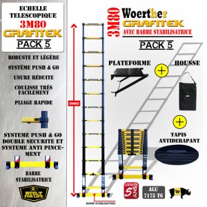 ECHELLE COULISSANTE 3M80 GRAFITEK AVEC SA BARRE STABILISATRICE, AVEC PLATEFORME, HOUSSE ET TAPIS