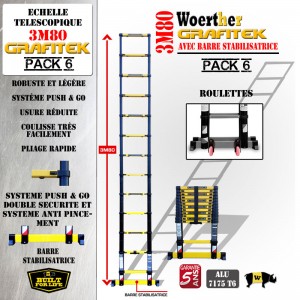 ECHELLE COULISSANTE 3M80 GRAFITEK AVEC SA BARRE STABILISATRICE, AVEC ROULETTES