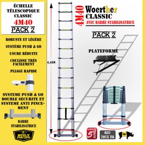 ECHELLE COULISSANTE 4M40 AVEC BARRE STABILISATRICE + PLATEFORME
