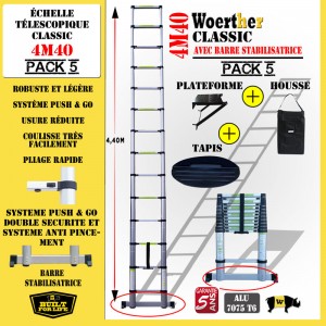 ECHELLE COULISSANTE 4M40 AVEC BARRE STABILISATRICE + PLATEFORME, HOUSSE ET TAPIS