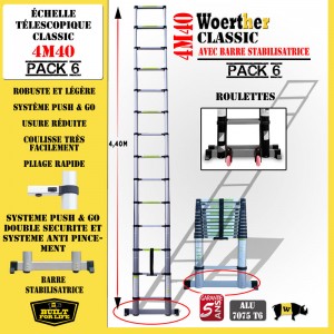 ECHELLE COULISSANTE 4M40 AVEC BARRE STABILISATRICE + ROULETTES