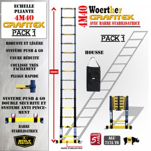 ECHELLE COULISSANTE 4M40 GRAFITEK AVEC BARRE STABILISATRICE + HOUSSE