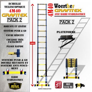 ECHELLE COULISSANTE 4M40 GRAFITEK AVEC BARRE STABILISATRICE + PLATEFORME