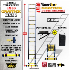 ECHELLE COULISSANTE 4M40 GRAFITEK AVEC BARRE STABILISATRICE + PLATEFORME ET HOUSSE