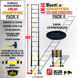 ECHELLE COULISSANTE 4M40 GRAFITEK AVEC BARRE STABILISATRICE + TAPIS