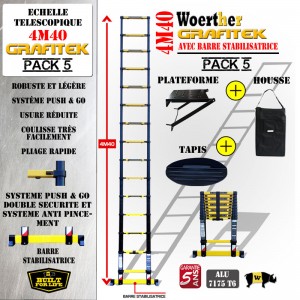 ECHELLE COULISSANTE 4M40 GRAFITEK AVEC BARRE STABILISATRICE + PLATEFORME, HOUSSE ET TAPIS