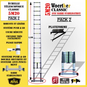 ECHELLE COULISSANTE 5M20 AVEC BARRE STABILISATRICE - GAMME CLASSIC + PLATEFORME