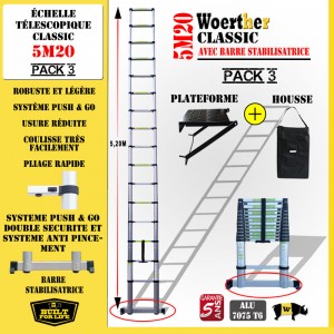 ECHELLE COULISSANTE 5M20 AVEC BARRE STABILISATRICE - GAMME CLASSIC + PLATEFORME ET HOUSSE