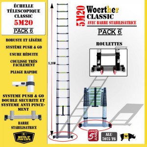 ECHELLE COULISSANTE 5M20 AVEC BARRE STABILISATRICE - GAMME CLASSIC + ROULETTES