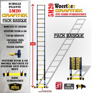 ECHELLE COULISSANTE 5M20 AVEC BARRE STABILISATRICE - GAMME GRAFITEK