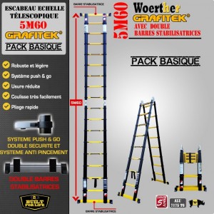 ECHELLE ESCABEAU TELESCOPIQUE WOERTHER 2 BARRES STABILISATRICES, 2 FONCTIONS GRAFITEK 5M60/2M80 - PACK BASIQUE