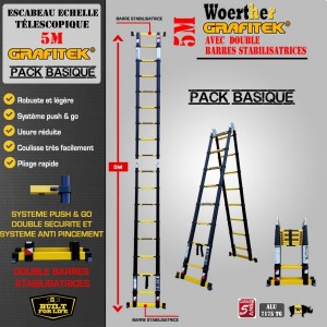 ECHELLE ESCABEAU TELESCOPIQUE WOERTHER 2 BARRES STABILISATRICES, 2 FONCTIONS GRAFITEK 5M/2.5M - PACK BASIQUE 