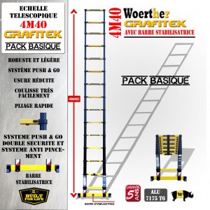 MODÈLE D´EXPOSITION - ECHELLE TELESCOPIQUE PLIANTE 4M40 GRAFITEK AVEC BARRE STABILISATRICE - PACK BASIQUE