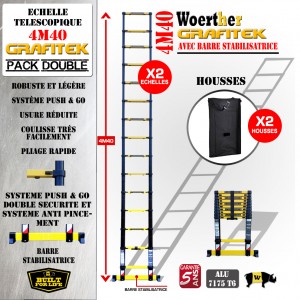 PACK DOUBLE -  2 ECHELLES TELESCOPIQUES 4M40 GRAFITEK AVEC 2 HOUSSES