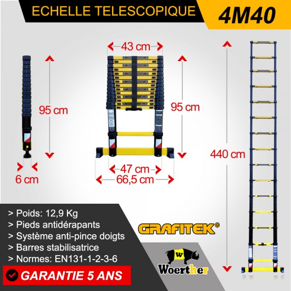 Echelle télescopique Hauteur de 4M et 4M40, gamme grafitek, pack