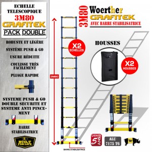 PACK DOUBLE - 2 ECHELLES TELESCOPIQUES 3M80 GRAFITEK AVEC 2 HOUSSES