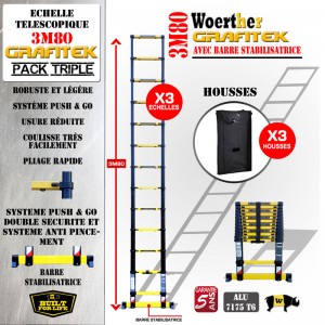 PACK TRIPLE - 3 ECHELLES TELESCOPIQUES 3M80 GRAFITEK AVEC 3 HOUSSES