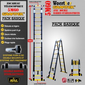 ECHELLE ESCABEAU TELESCOPIQUE WOERTHER 2 BARRES STABILISATRICES, 2 FONCTIONS GRAFITEK 5M60/2M80 + HOUSSE + SAC PORTE OUTILS