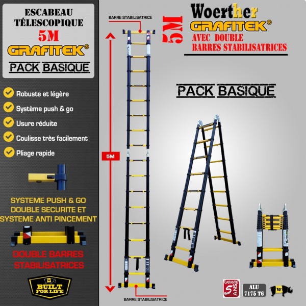 Echelle-escabeau télescopique Grafitek - avec double barres stabilisatrices  - 5 m - 2.50 m - Homme Prive