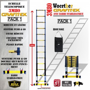 ECHELLE 3M80 PRO GRAFITEK AVEC BARRE STABILISATRICE, AVEC HOUSSE