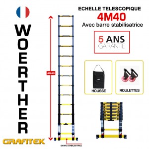 ECHELLE PLIANTE TELESCOPIQUE 4M40 GRAFITEK AVEC BARRE STABILISATRICE + HOUSSE ET ROULETTES