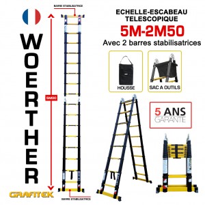 ECHELLE ESCABEAU 2 FONCTIONS - 2 BARRES STABILISATRICES, GRAFITEK 5M/2M50 - PACK 3  (AVEC HOUSSE ET SAC PORTE OUTILS)