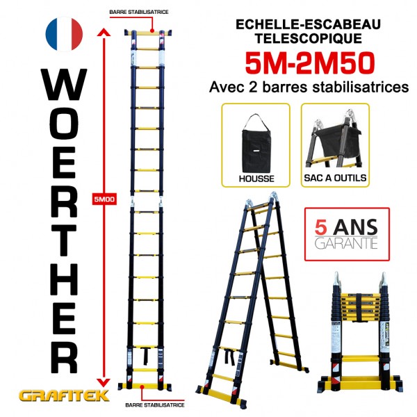 Escabeau télescopique Hauteur de 5M/2M5 avec patins, en graphite