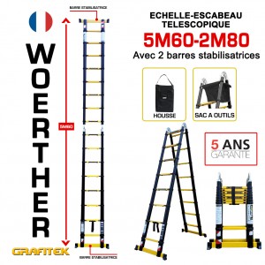 ESCABEAU 2 FONCTIONS WOERTHER 2 BARRES STABILISATRICES, GRAFITEK 5M60/2M80 - PACK 3 AVEC HOUSSE ET SAC A OUTILS