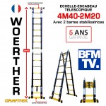 ÉCHELLE ESCABEAU TRIPLE FONCTIONS WOERTHER DOUBLE BARRES STABILISATRICES, MODÈLE GRAFITEK 4M40/2M20 - PACK BASIQUE 