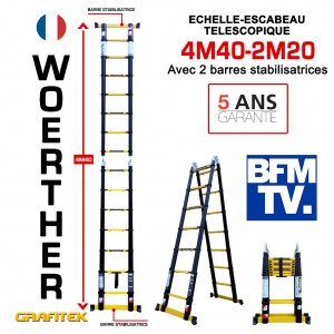 ÉCHELLE ESCABEAU DOUBLE FONCTIONS WOERTHER DOUBLE BARRES STABILISATRICES, MODÈLE GRAFITEK 4M40/2M20