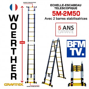 ECHELLE ESCABEAU TELESCOPIQUE WOERTHER DOUBLE BARRES STABILISATRICES, DOUBLE FONCTIONS GRAFITEK 5M/2.5M