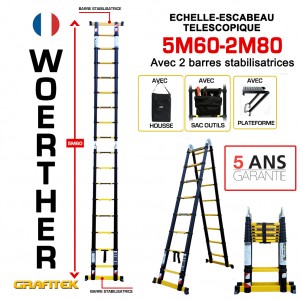 ESCABEAU 2 FONCTIONS - 2 BARRES STABILISATRICES, GRAFITEK 5M60/2M80 - AVEC HOUSE,SAC A OUTILS ET PLATEFORME