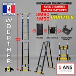  Echelle escabeau telescopique 3M80/1M90 GRAFITEK avec 2 barres stabilisatrices + housse + sac à outils + plateforme "PRATIK"