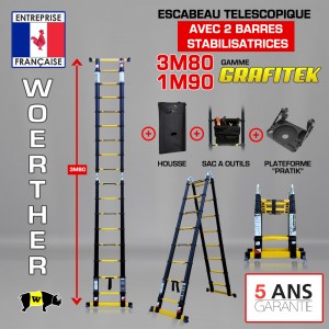 Echelle escabeau telescopique 3M80/1M90 GRAFITEK avec 2 barres stabilisatrices + housse + sac à outils + plateforme "PRATIK"