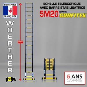 Echelle télescopique 5m20  GRAFITEK avec barre stabilisatrice + housse + sac à outils + plateforme "PRATIK"