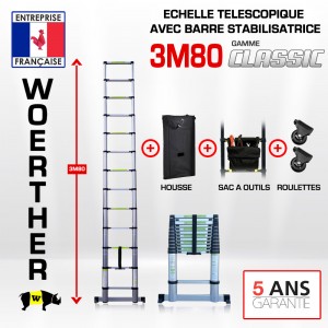 Echelle télescopique 3m80 Classic avec barres stabilisatrice + Housse + Sac à outils + Roulettes