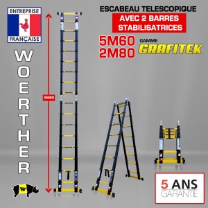 MODELE EXPO - ECHELLE ESCABEAU TELESCOPIQUE WOERTHER DOUBLE BARRES STABILISATRICES, DOUBLE FONCTIONS GRAFITEK 5M60/2M80