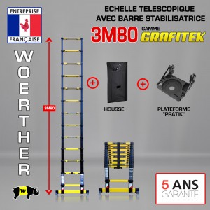 Echelle t&eacute;lescopique 3m80 GRAFITEK avec barres stabilisatrice + Housse + plateforme PRATIK