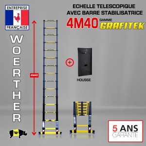 Echelle t&eacute;lescopique 4m 40 Grafitek avec barre stabilisatrice + Housse
