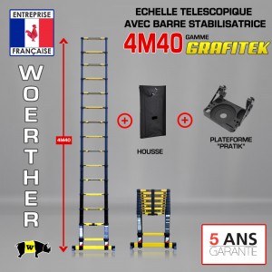 Echelle t&eacute;lescopique 4m40 GRAFITEK avec barres stabilisatrice + Housse + plateforme PRATIK